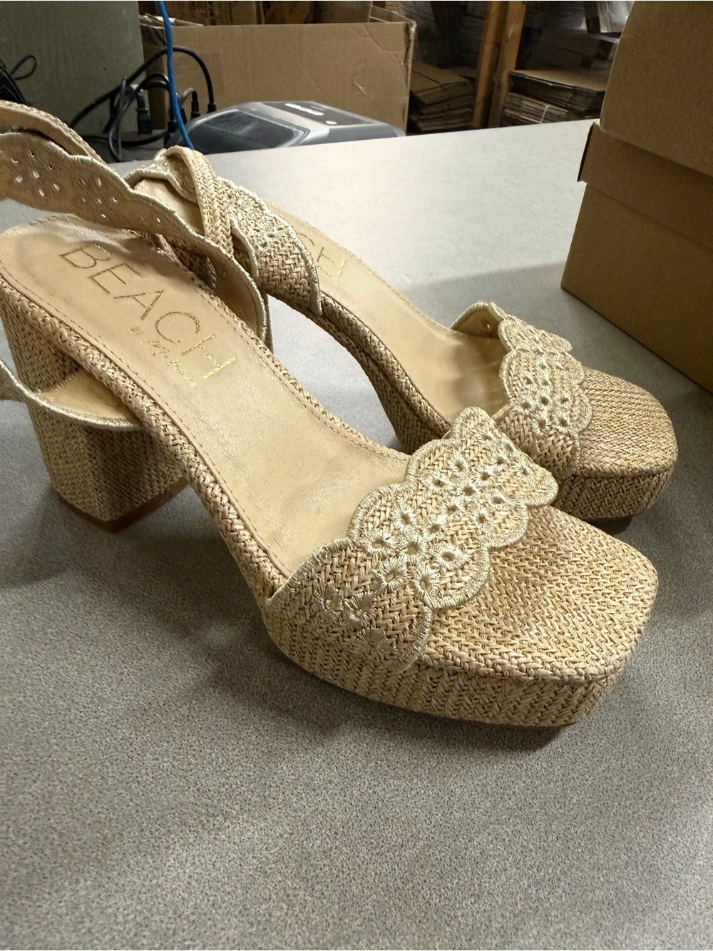 Scalloped Raffia Platform Sandals in Beige - Women's Heels - Picture 6 of 8
